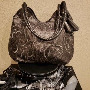 BRIGHTON Large Taupe Curly Q Leather Handbag